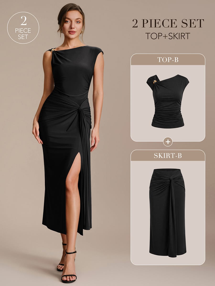 Knit Cap Sleeve Asymmetrical Neckline Tops #color_Black