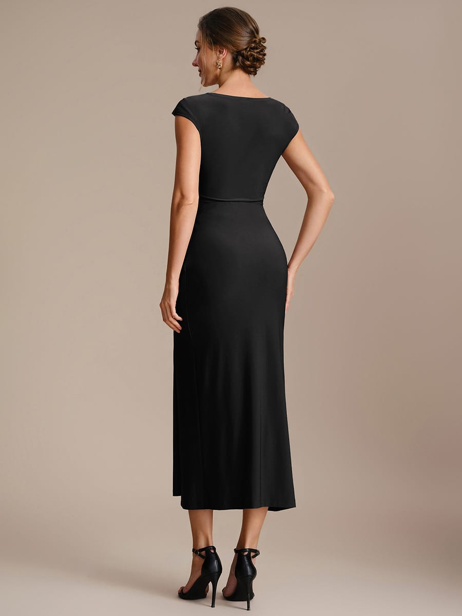 Knit Cap Sleeve Asymmetrical Neckline Tops #color_Black