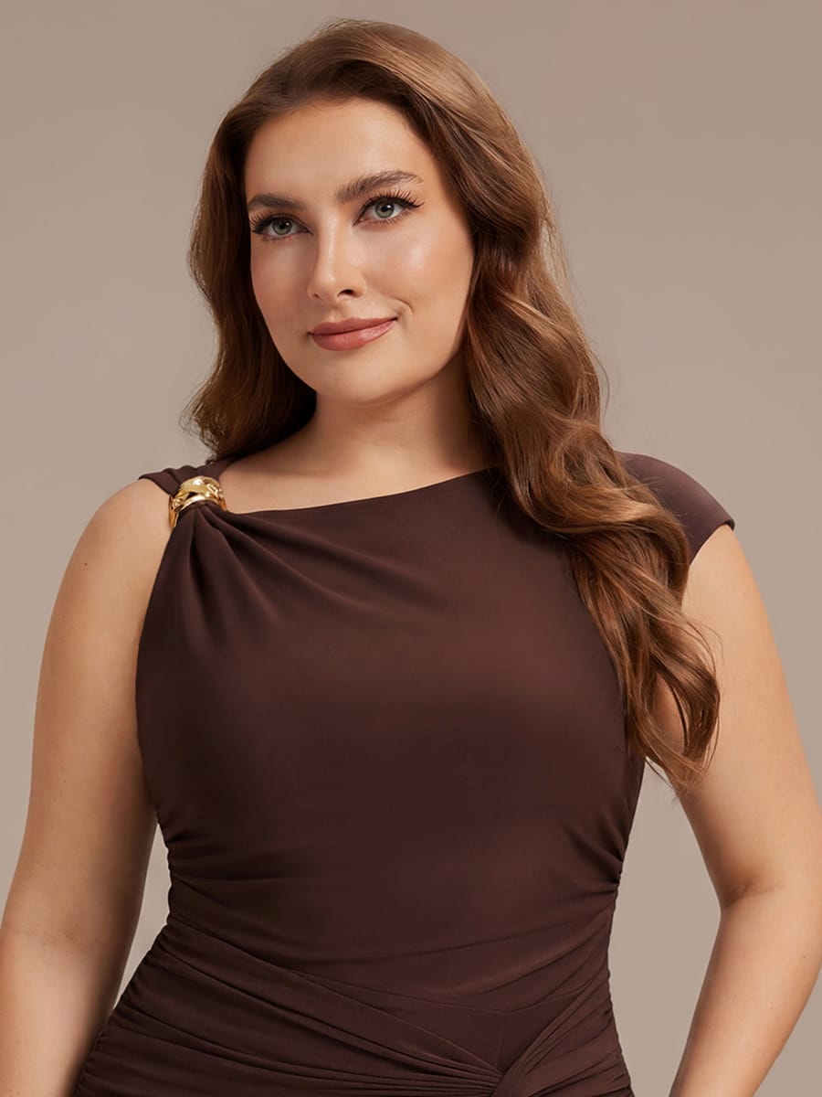 Knit Cap Sleeve Asymmetrical Neckline Tops #color_Chocolate Brown