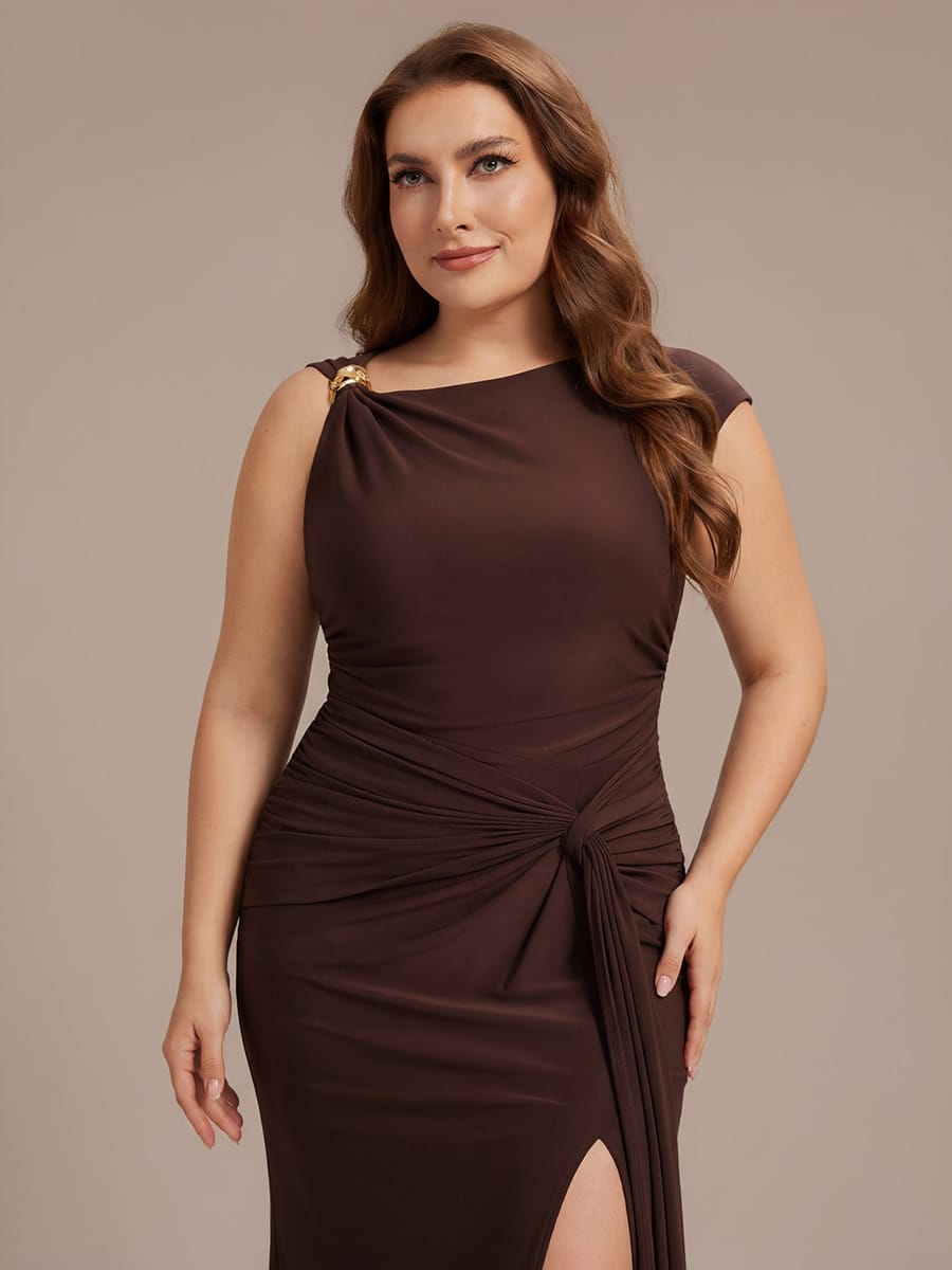 Knit Cap Sleeve Asymmetrical Neckline Tops #color_Chocolate Brown