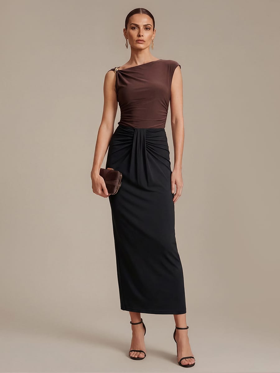 Knit Cap Sleeve Asymmetrical Neckline Tops #color_Chocolate Brown