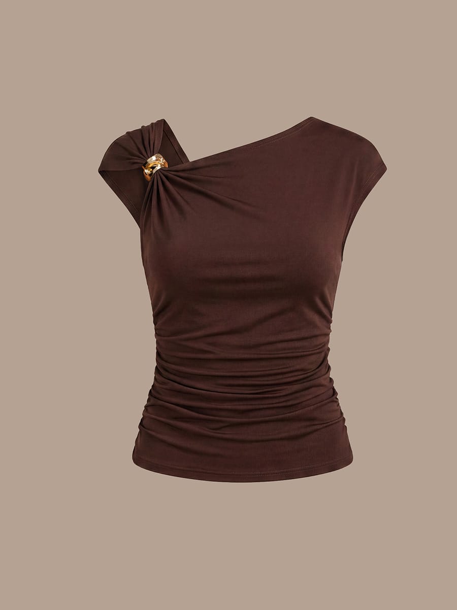 Knit Cap Sleeve Asymmetrical Neckline Tops #color_Chocolate Brown
