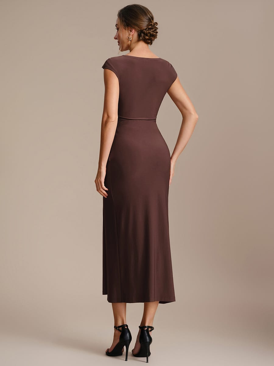 Knit Cap Sleeve Asymmetrical Neckline Tops #color_Chocolate Brown