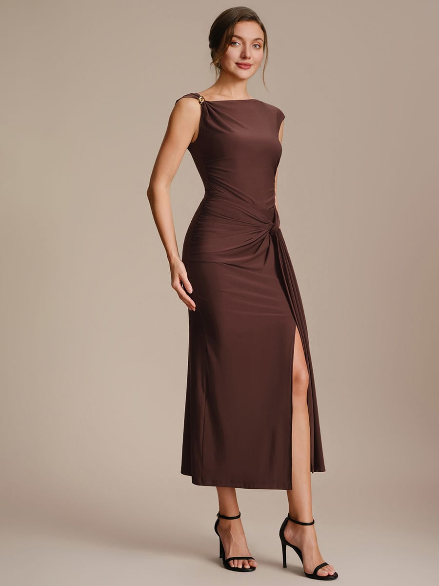 Knit Cap Sleeve Asymmetrical Neckline Tops #color_Chocolate Brown