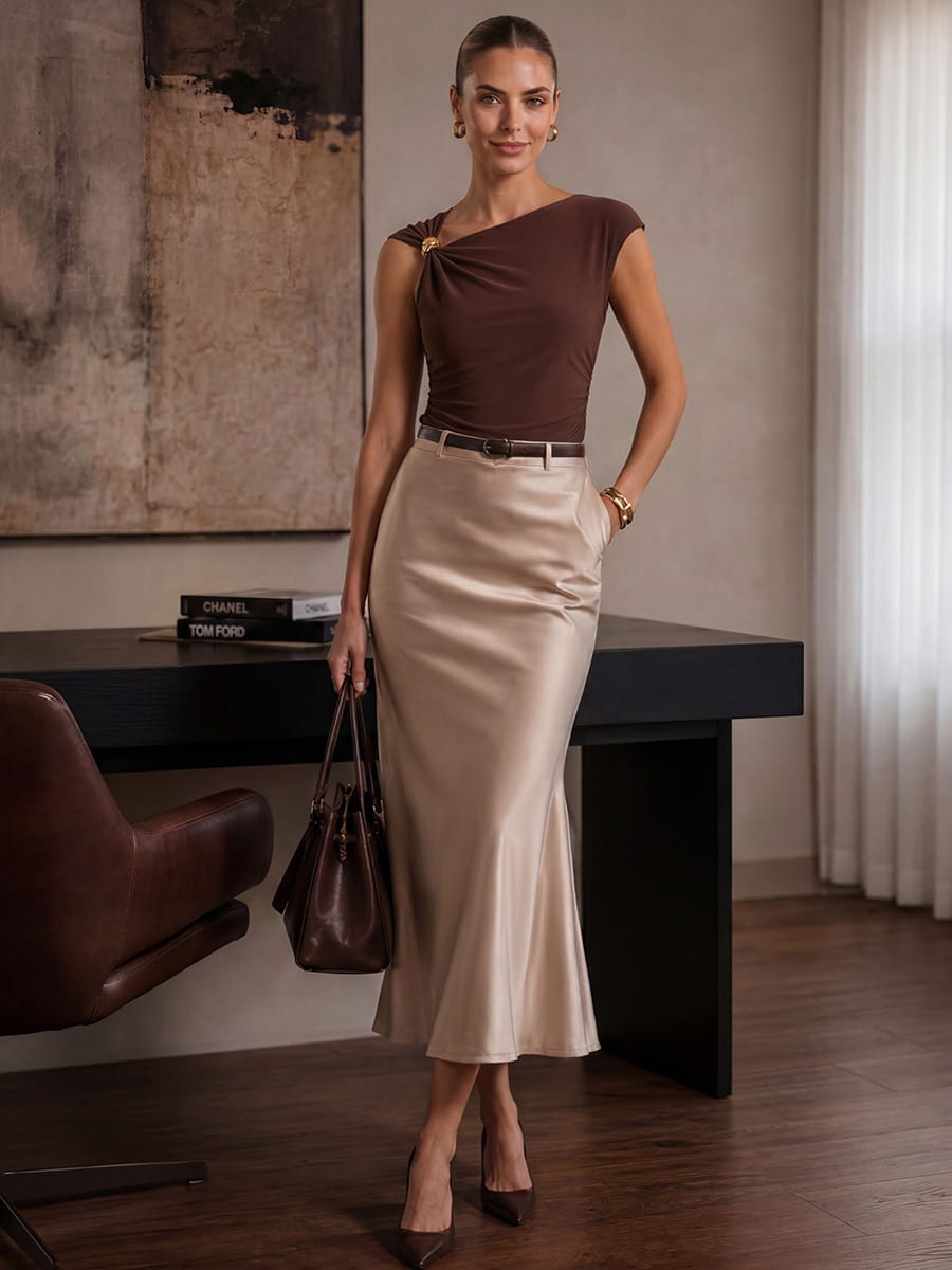 Knit Cap Sleeve Asymmetrical Neckline Tops #color_Chocolate Brown