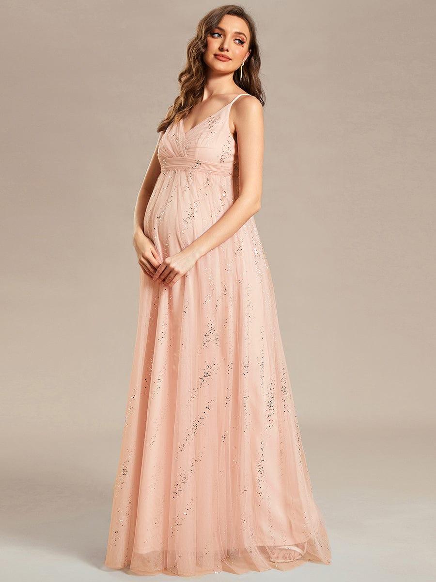 Spaghetti Strap Scattered Sequins V-neck Floor Length Maternity Dress #color_Pink Spaghetti Strap Scattered Sequins V-neck Floor Length Maternity Dress