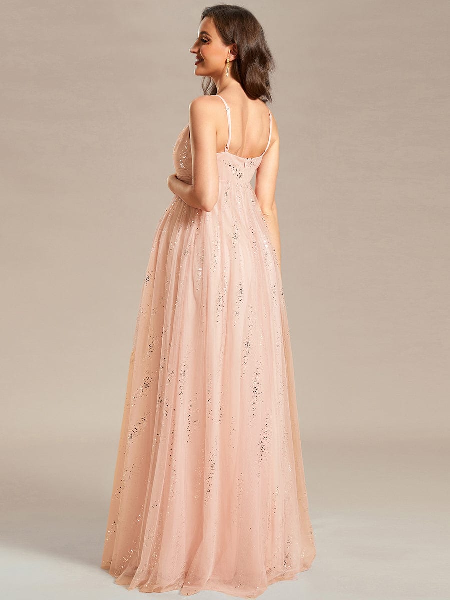 Spaghetti Strap Scattered Sequins V-neck Floor Length Maternity Dress #color_Pink