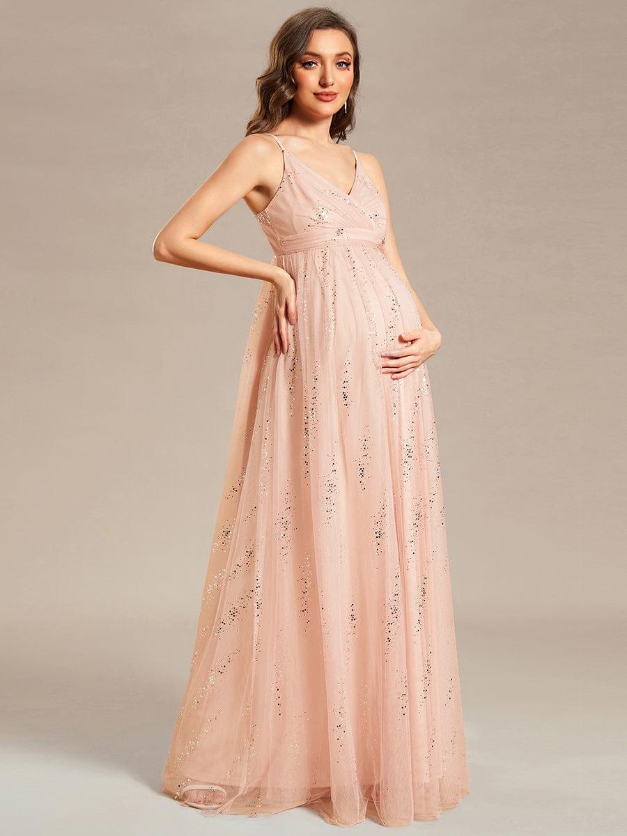 Spaghetti Strap Scattered Sequins V-neck Floor Length Maternity Dress #color_Pink Spaghetti Strap Scattered Sequins V-neck Floor Length Maternity Dress