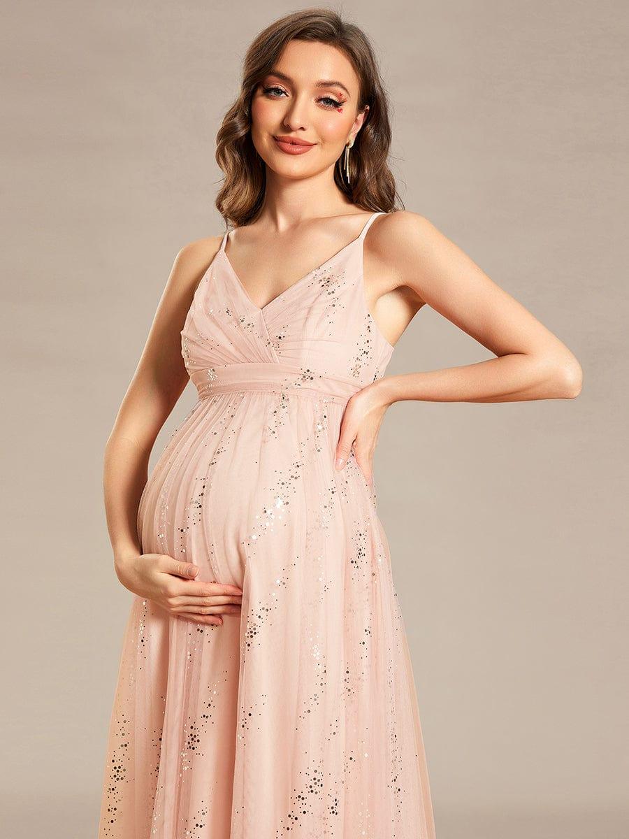 Spaghetti Strap Scattered Sequins V-neck Floor Length Maternity Dress #color_Pink Spaghetti Strap Scattered Sequins V-neck Floor Length Maternity Dress