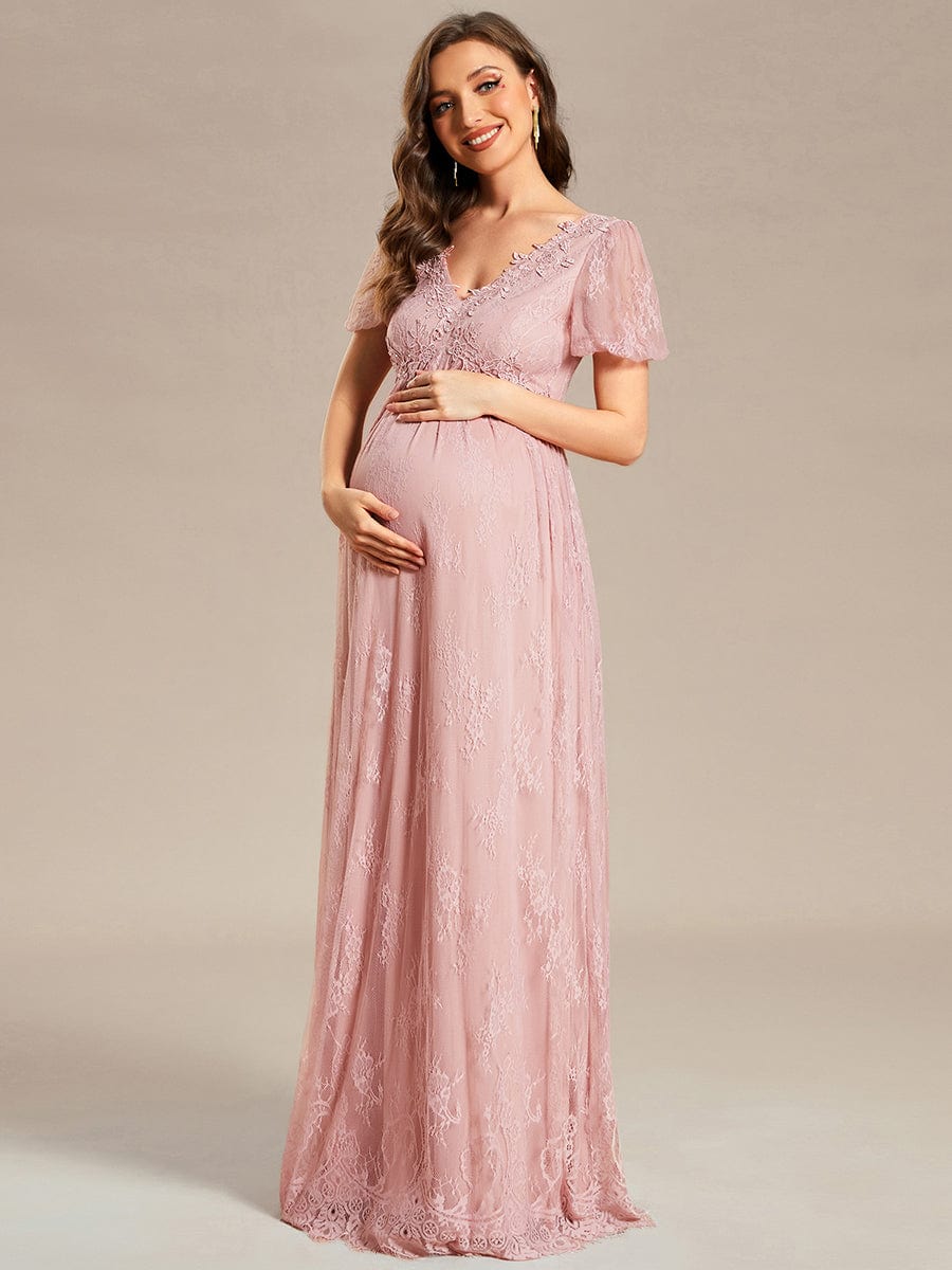 Short Sleeve V-Neck Bohemian Side Slit A-Line Maternity Dress #Color_Dusty Rose Short Sleeve V-Neck Bohemian Side Slit A-Line Maternity Dress