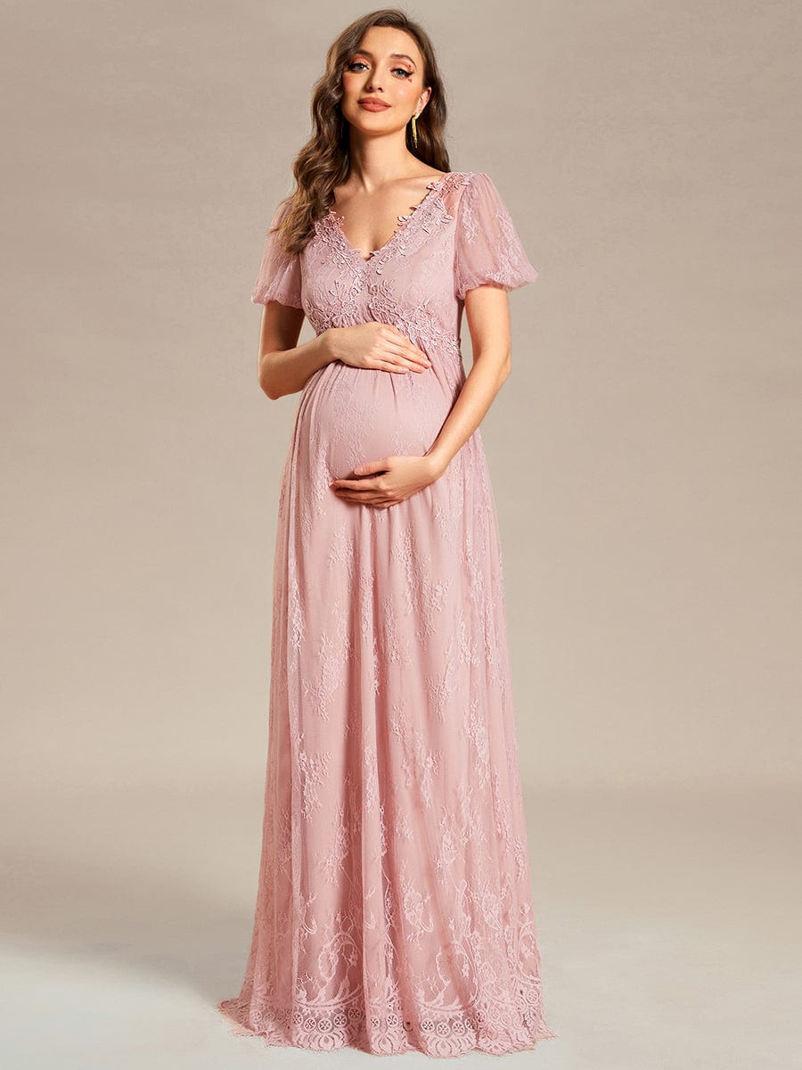 Short Sleeve V-Neck Bohemian Side Slit A-Line Maternity Dress #Color_Dusty Rose Short Sleeve V-Neck Bohemian Side Slit A-Line Maternity Dress