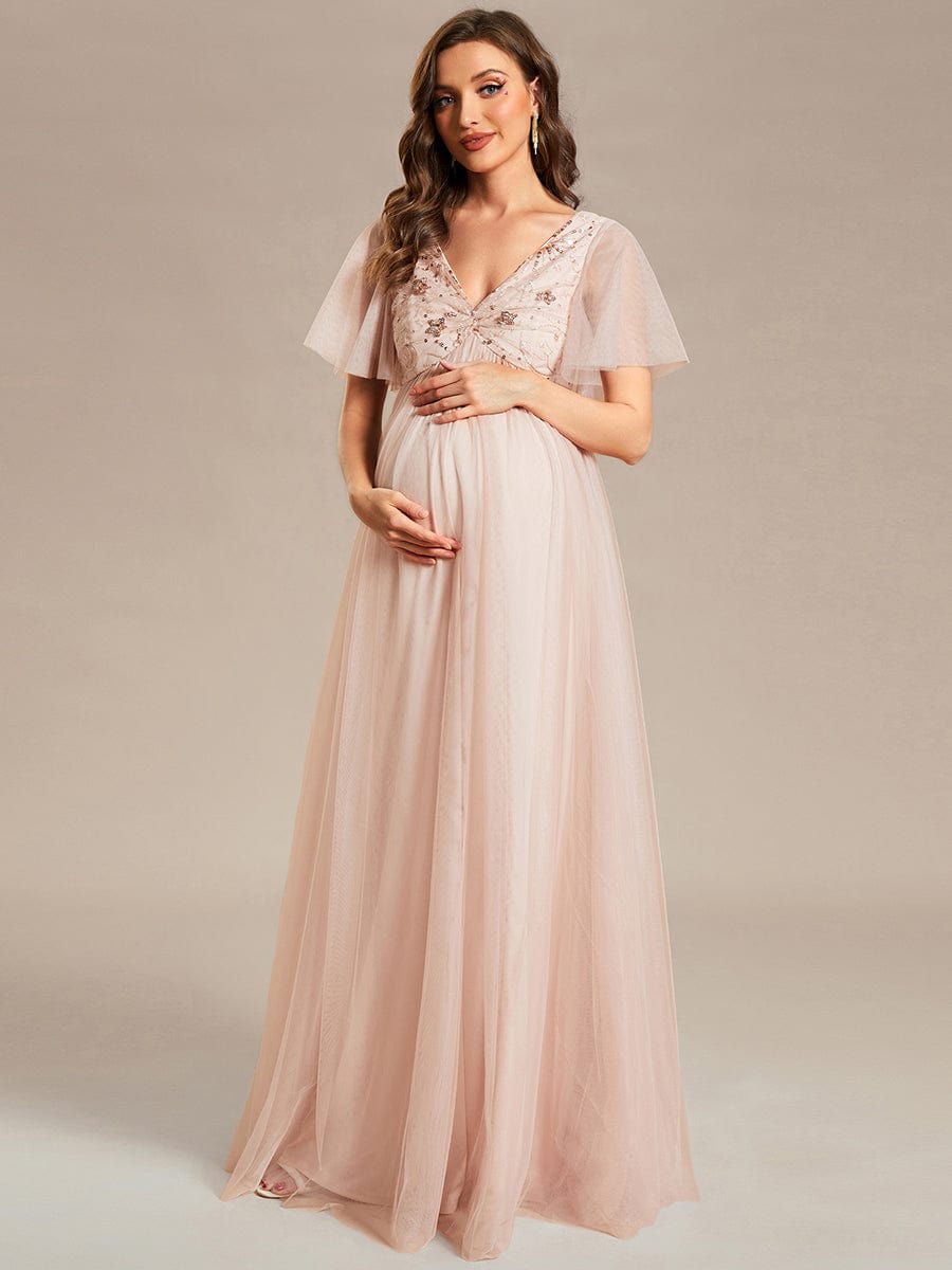 Sequin Short Sleeve V-Neck Tulle A-Line Maternity Dress #Color_Rose Gold Sequin Short Sleeve V-Neck Tulle A-Line Maternity Dress