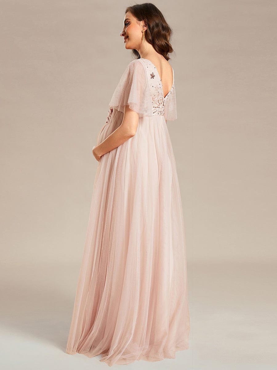 Sequin Short Sleeve V-Neck Tulle A-Line Maternity Dress #Color_Rose Gold Sequin Short Sleeve V-Neck Tulle A-Line Maternity Dress
