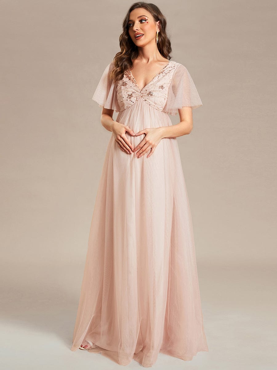 Sequin Short Sleeve V-Neck Tulle A-Line Maternity Dress #Color_Rose Gold Sequin Short Sleeve V-Neck Tulle A-Line Maternity Dress