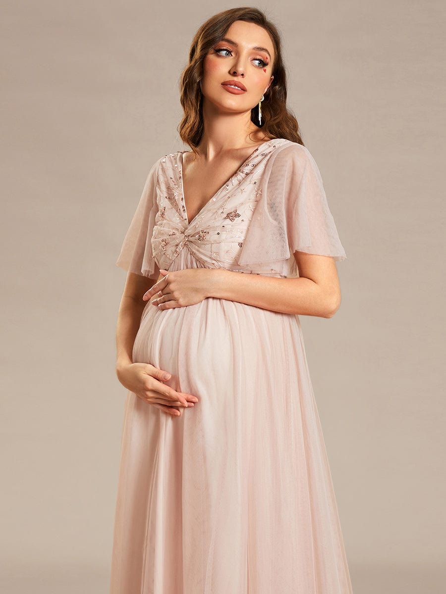 Sequin Short Sleeve V-Neck Tulle A-Line Maternity Dress #Color_Rose Gold Sequin Short Sleeve V-Neck Tulle A-Line Maternity Dress