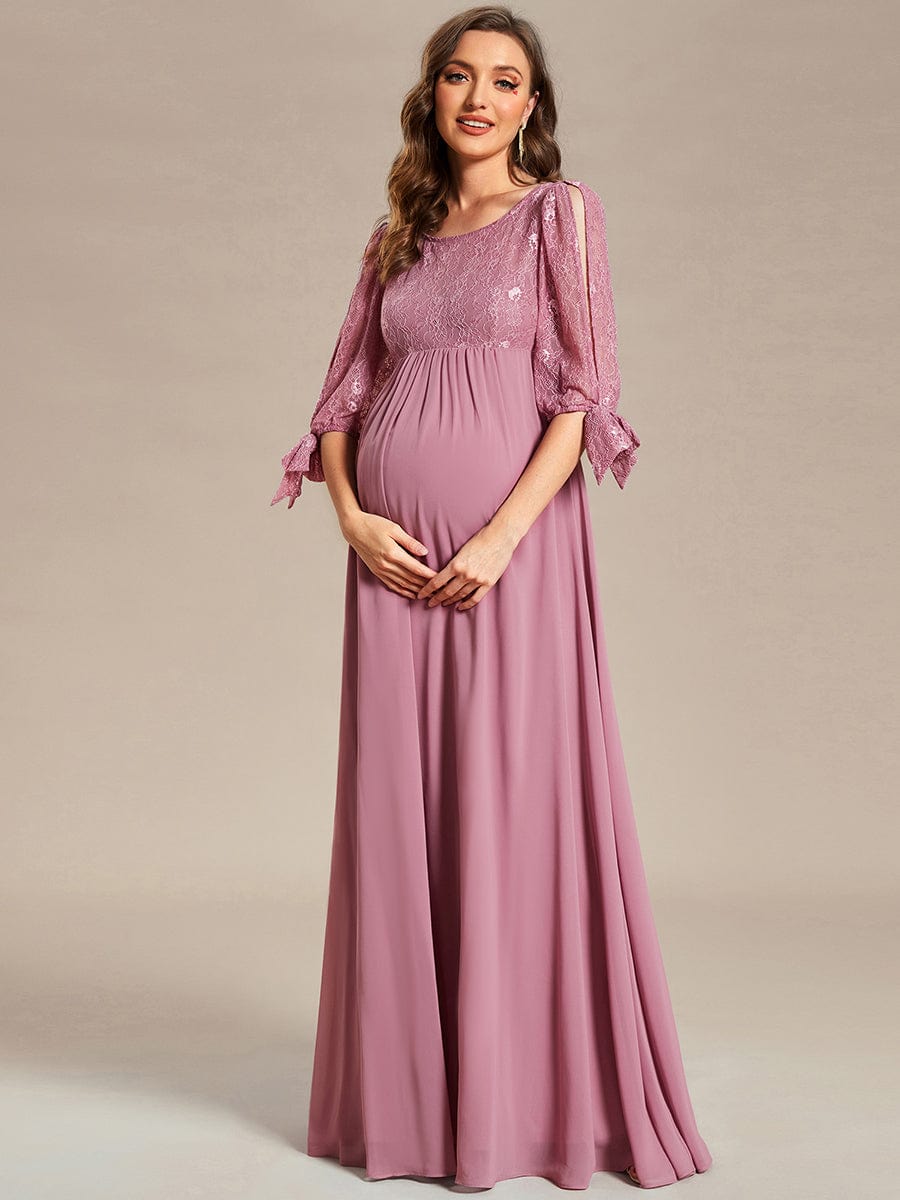 Round Neck Split Sleeve Lace Chiffon A-Line Maternity Dress #Color_Purple Orchid Round Neck Split Sleeve Lace Chiffon A-Line Maternity Dress