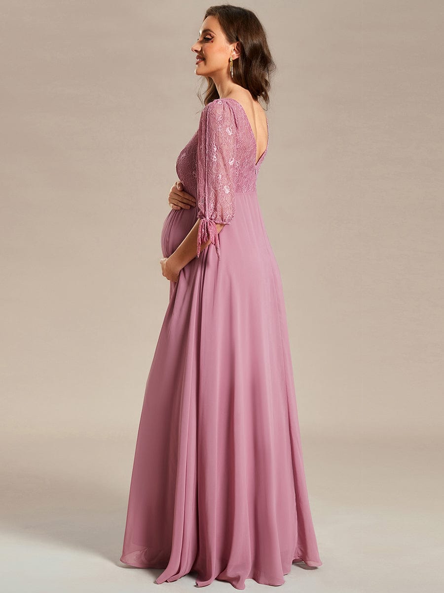 Round Neck Split Sleeve Lace Chiffon A-Line Maternity Dress #Color_Purple Orchid Round Neck Split Sleeve Lace Chiffon A-Line Maternity Dress
