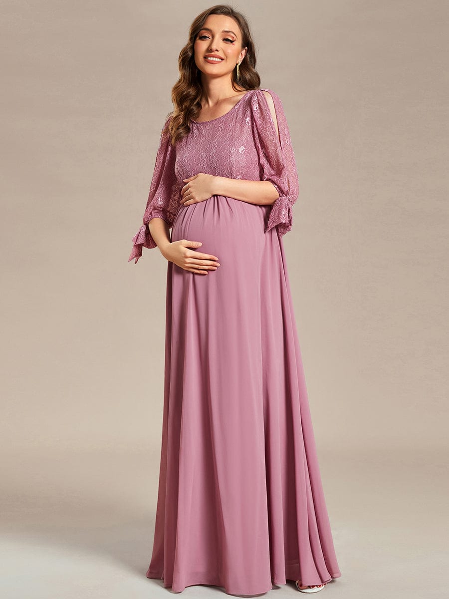 Round Neck Split Sleeve Lace Chiffon A-Line Maternity Dress #Color_Purple Orchid Round Neck Split Sleeve Lace Chiffon A-Line Maternity Dress