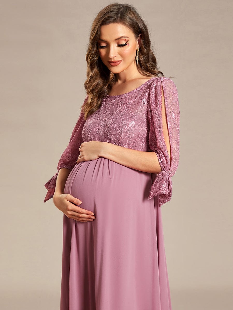 Round Neck Split Sleeve Lace Chiffon A-Line Maternity Dress #Color_Purple Orchid Round Neck Split Sleeve Lace Chiffon A-Line Maternity Dress