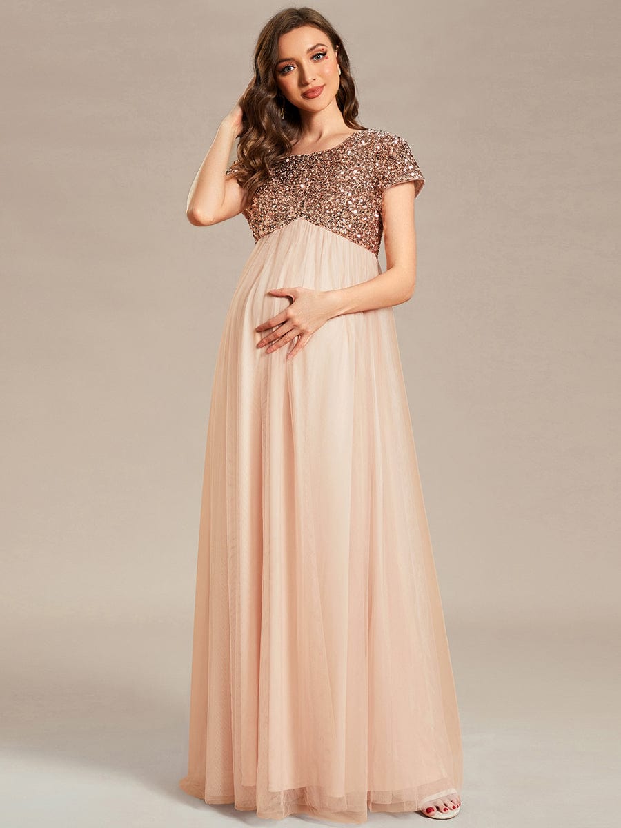 Round Neck Short Sleeve Sequin Tulle Empire Waist Maternity Dress #color_Blush Round Neck Short Sleeve Sequin Tulle Empire Waist Maternity Dress