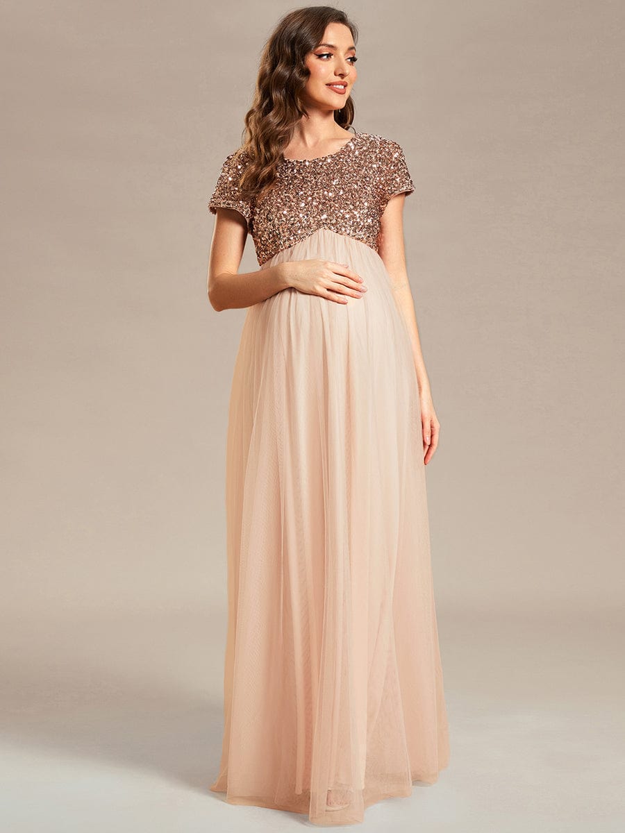 Round Neck Short Sleeve Sequin Tulle Empire Waist Maternity Dress #color_Blush Round Neck Short Sleeve Sequin Tulle Empire Waist Maternity Dress