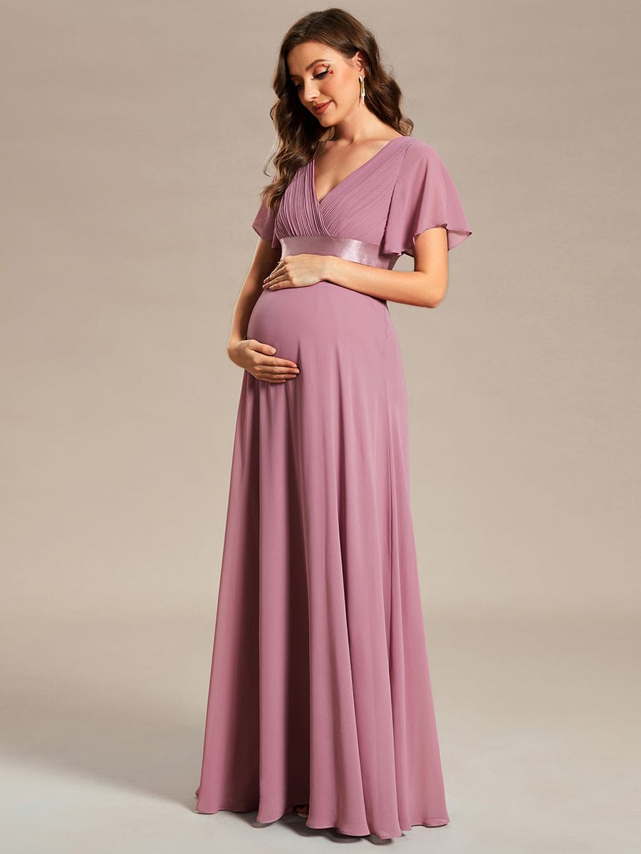 Pleated Bodice Ruffle Sleeves V Neck Floor Length Maternity Dress #color_Purple Orchid