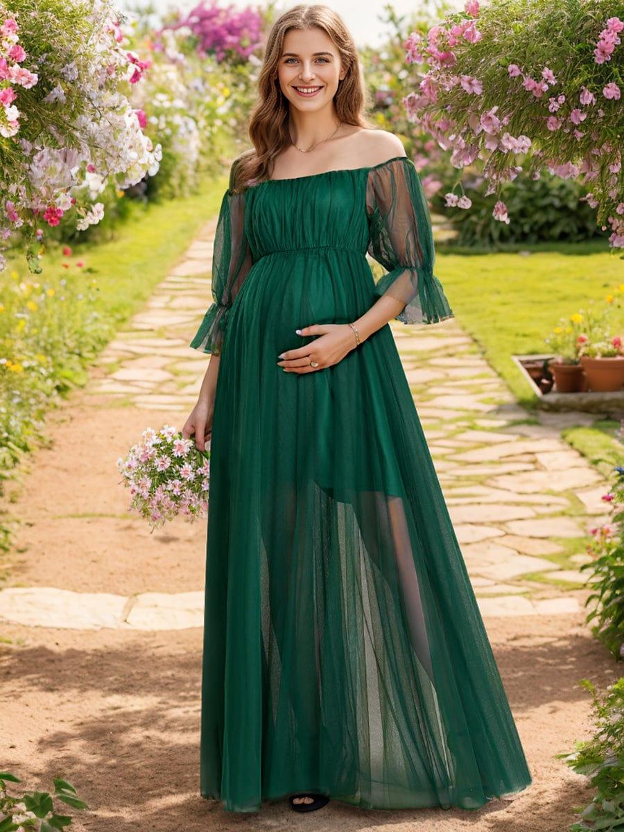 Off the Shoulder Pleated Tulle Maxi Maternity Dress #color_Dark Green