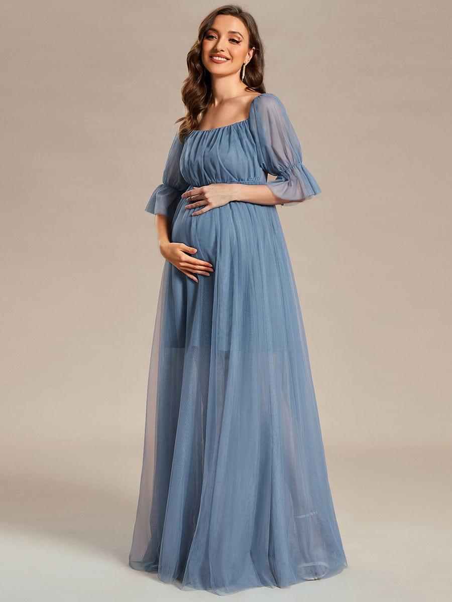 Off the Shoulder Pleated Tulle Maxi Maternity Dress #color_Dusty Blue