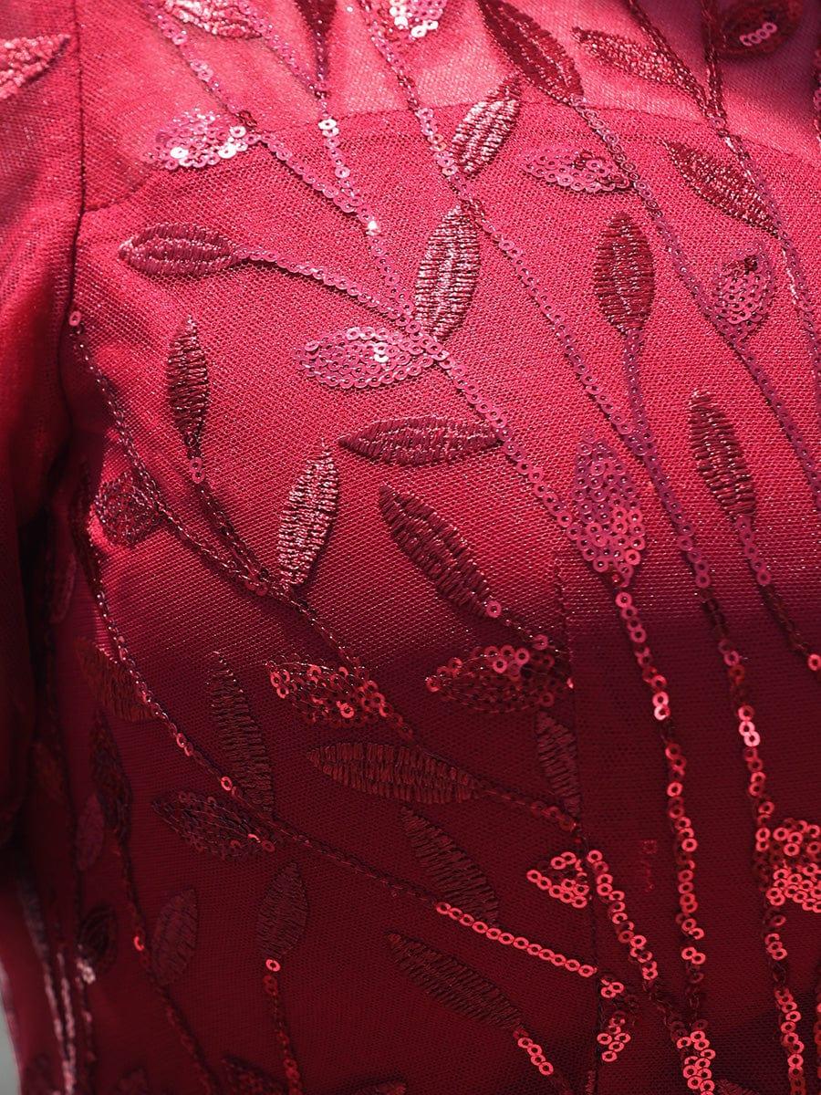 Sequin Leaf Maxi Long Fishtail Tulle Prom Dresses With Half Sleeve #color_Burgundy