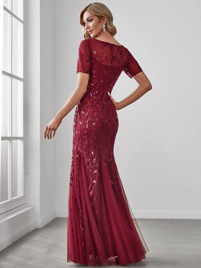 Sequin Leaf Maxi Long Fishtail Tulle Prom Dresses With Half Sleeve #color_Burgundy