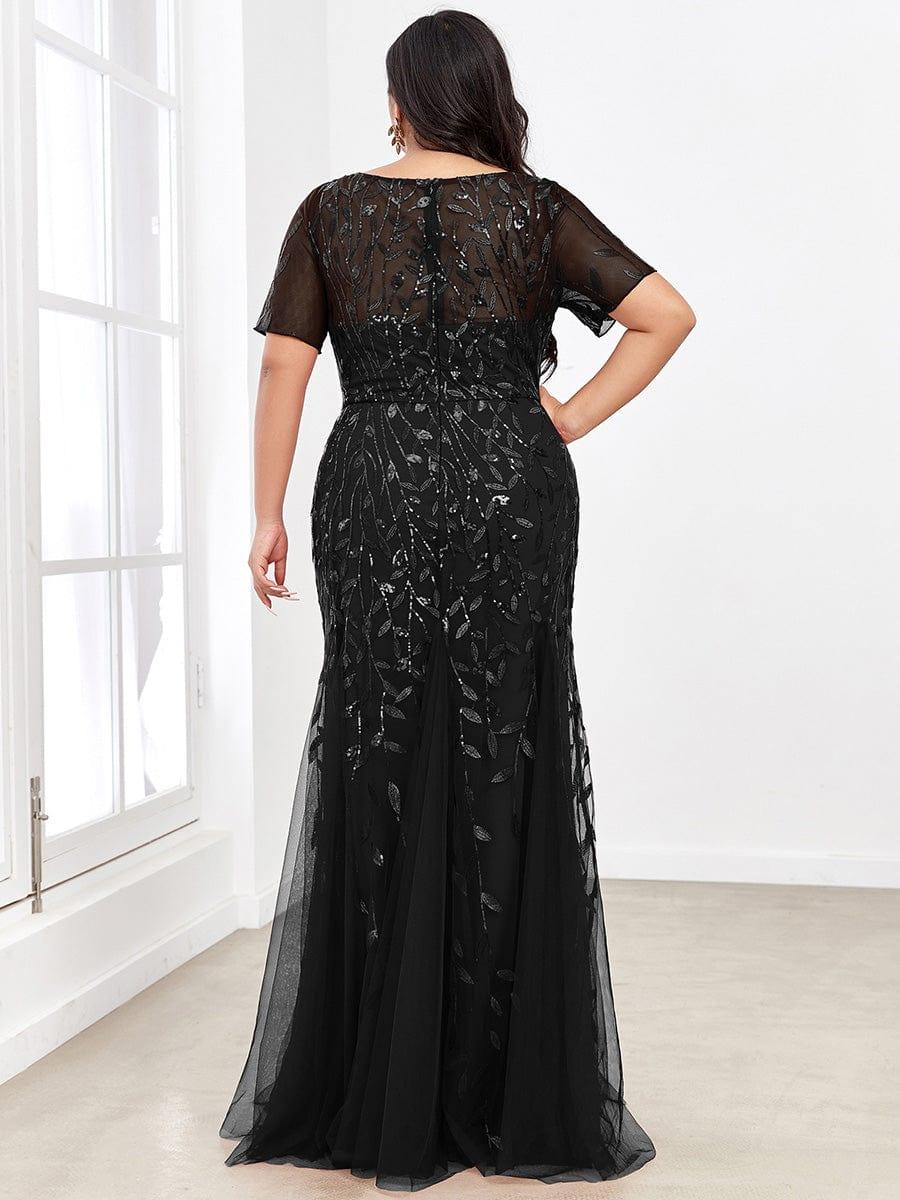 Sequin Leaf Maxi Long Fishtail Tulle Prom Dresses With Half Sleeves #color_Black