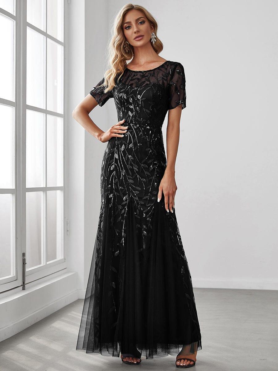 Sequin Leaf Maxi Long Fishtail Tulle Prom Dresses With Half Sleeves #color_Black