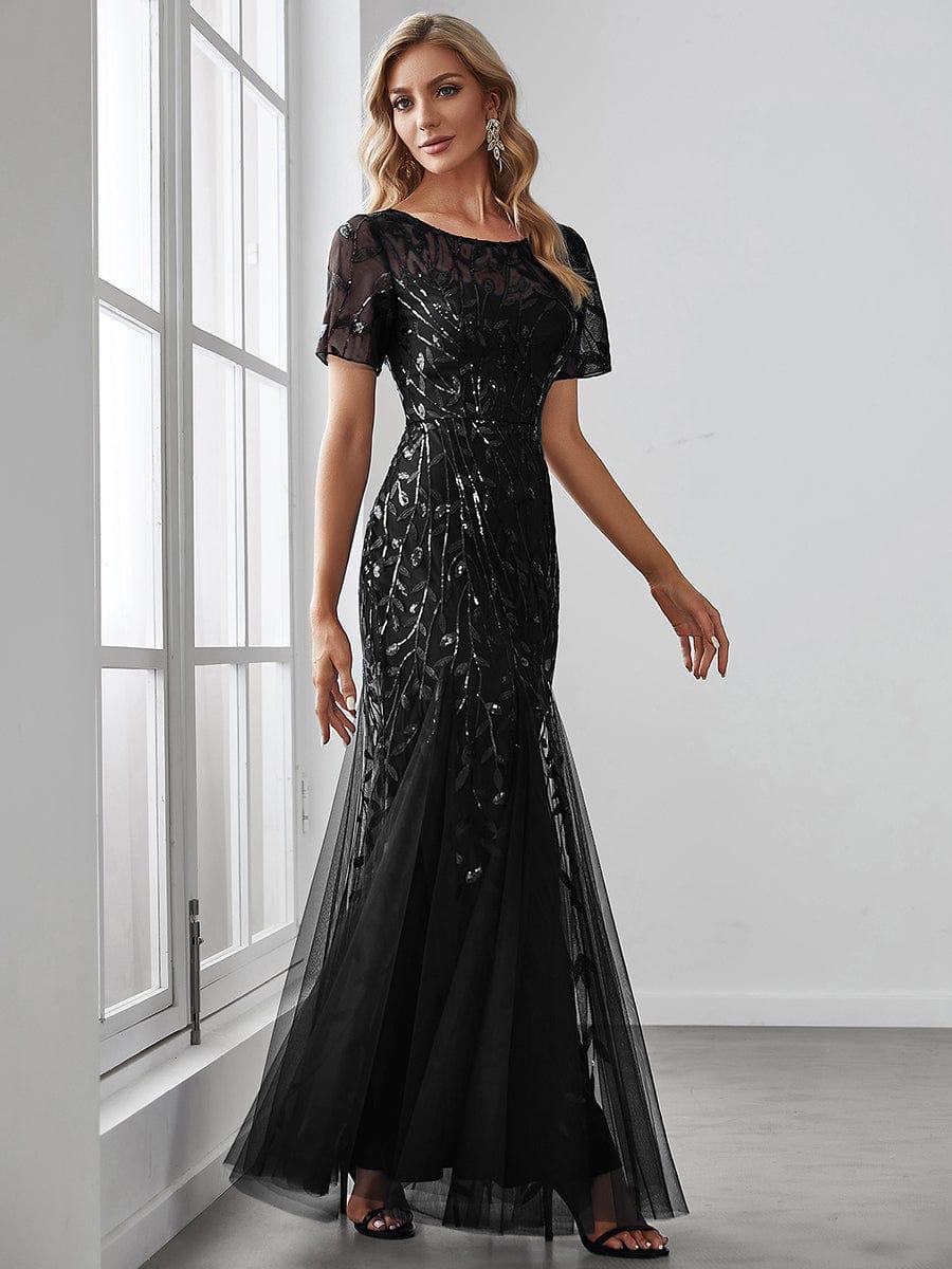 Sequin Leaf Maxi Long Fishtail Tulle Prom Dresses With Half Sleeves #color_Black
