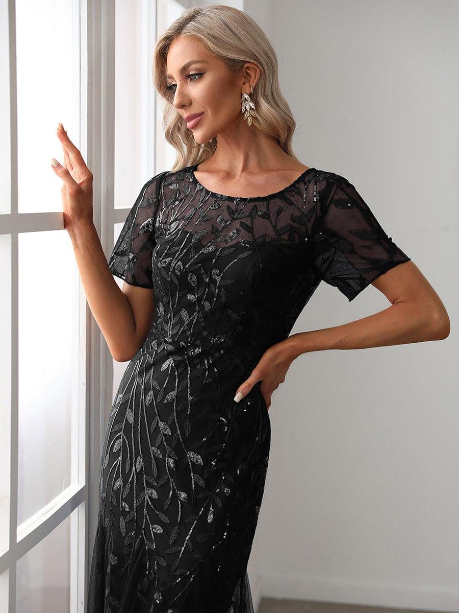 Sequin Leaf Maxi Long Fishtail Tulle Prom Dresses With Half Sleeves #color_Black