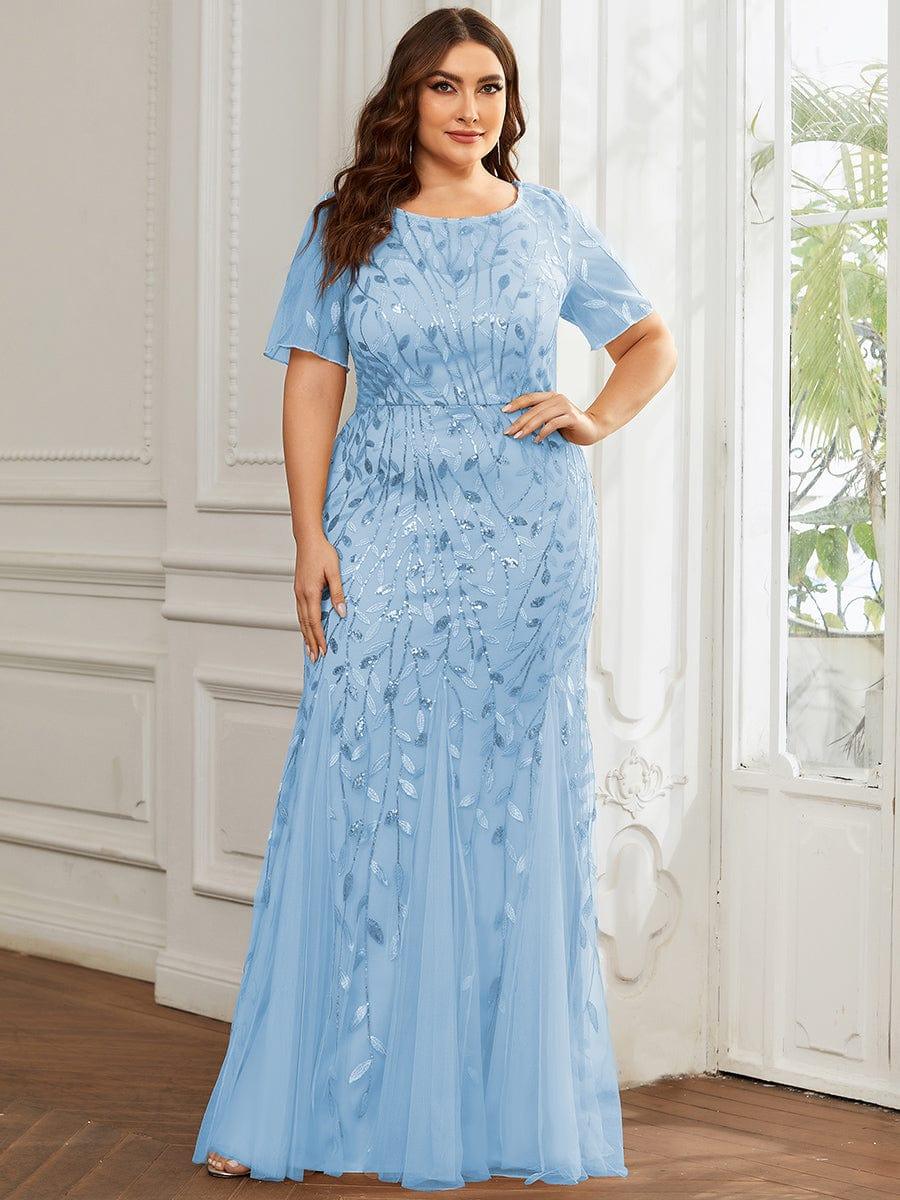 Sequin Leaf Maxi Long Fishtail Tulle Prom Dresses With Half Sleeves #color_Sky Blue