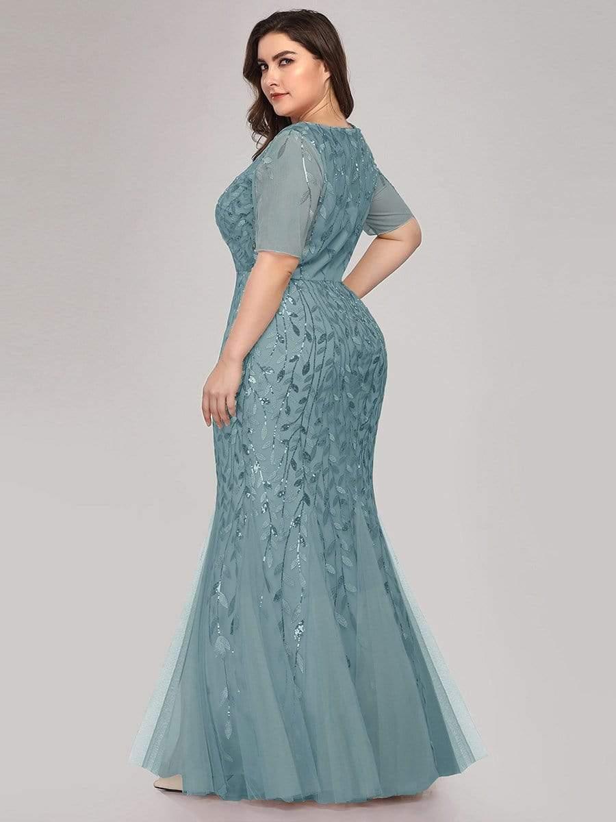 Sequin Leaf Maxi Long Fishtail Tulle Prom Dresses With Half Sleeves #color_Light Teal