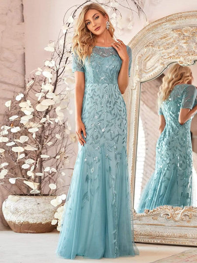 Sequin Leaf Maxi Long Fishtail Tulle Prom Dresses With Half Sleeves #color_Light Teal