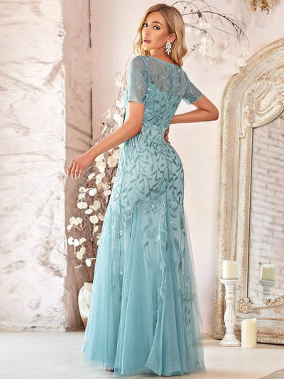 Sequin Leaf Maxi Long Fishtail Tulle Prom Dresses With Half Sleeves #color_Light Teal
