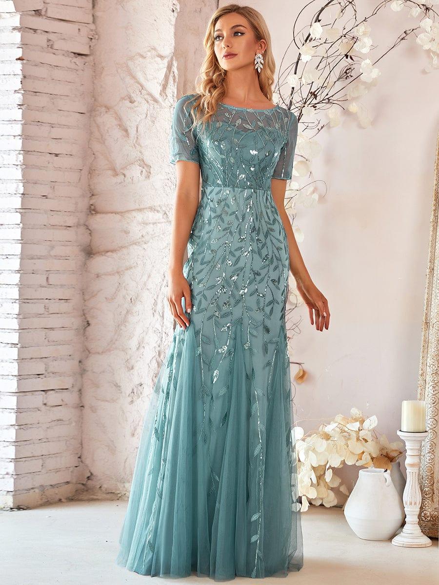 Sequin Leaf Maxi Long Fishtail Tulle Prom Dresses With Half Sleeves #color_Light Teal