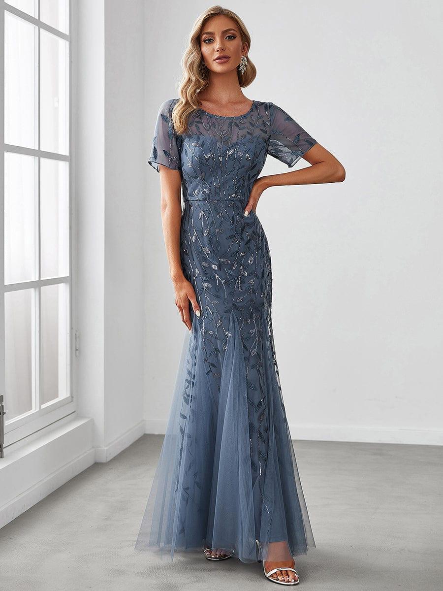 Sequin Leaf Maxi Long Fishtail Tulle Prom Dresses With Half Sleeves #color_Dusty Blue