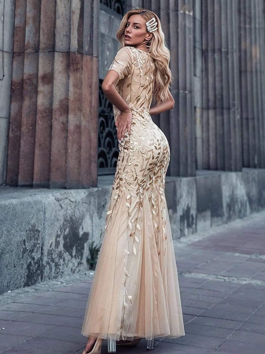 Sequin Leaf Maxi Long Fishtail Tulle Prom Dresses With Half Sleeves #color_Gold
