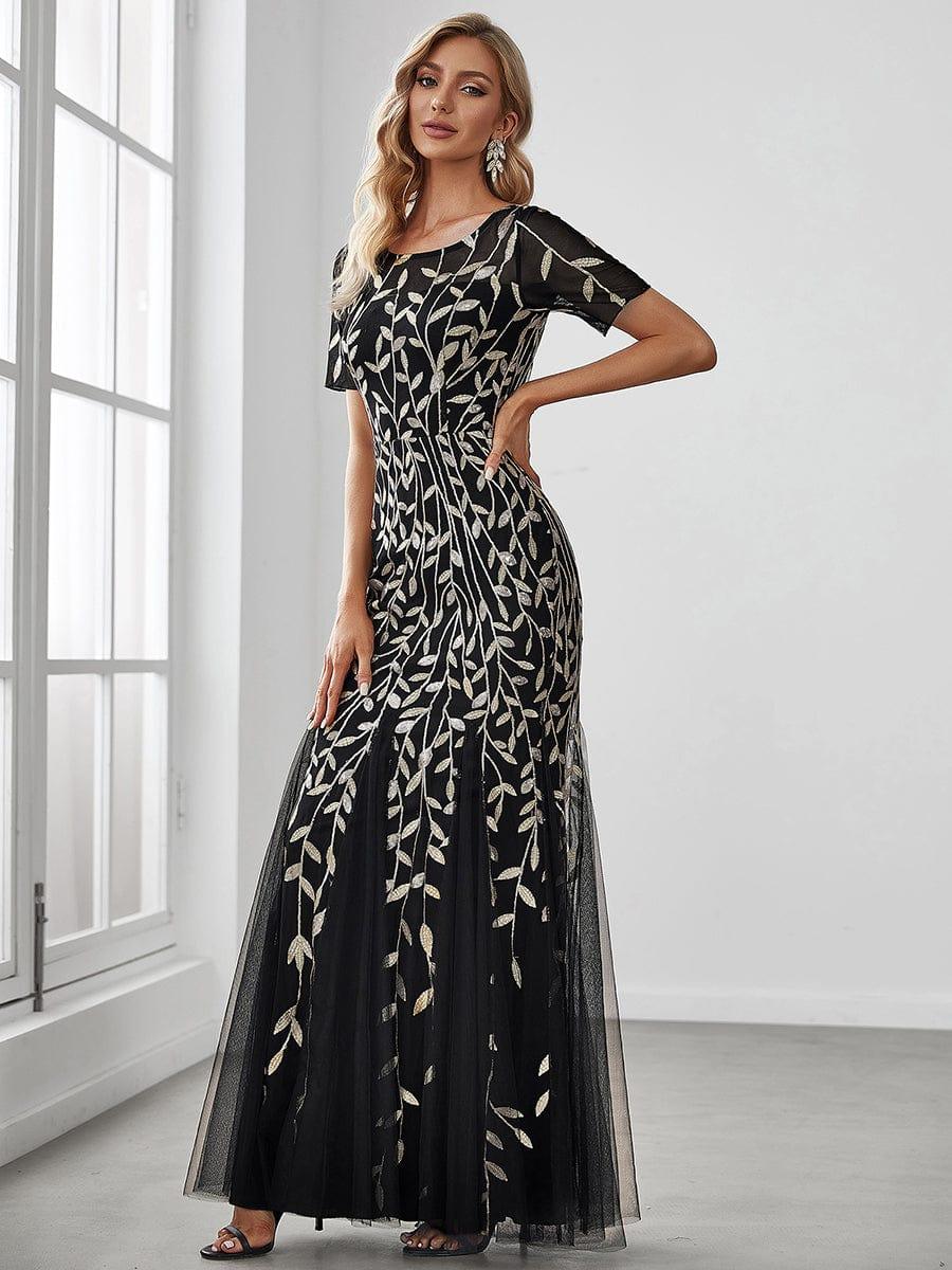 Sequin Leaf Maxi Long Fishtail Tulle Prom Dresses With Half Sleeve #color_Black & Gold