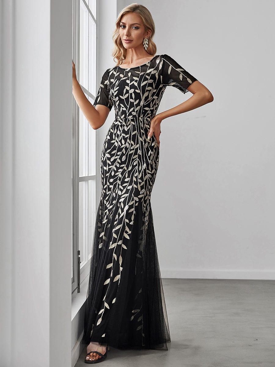 Sequin Leaf Maxi Long Fishtail Tulle Prom Dresses With Half Sleeve #color_Black & Gold