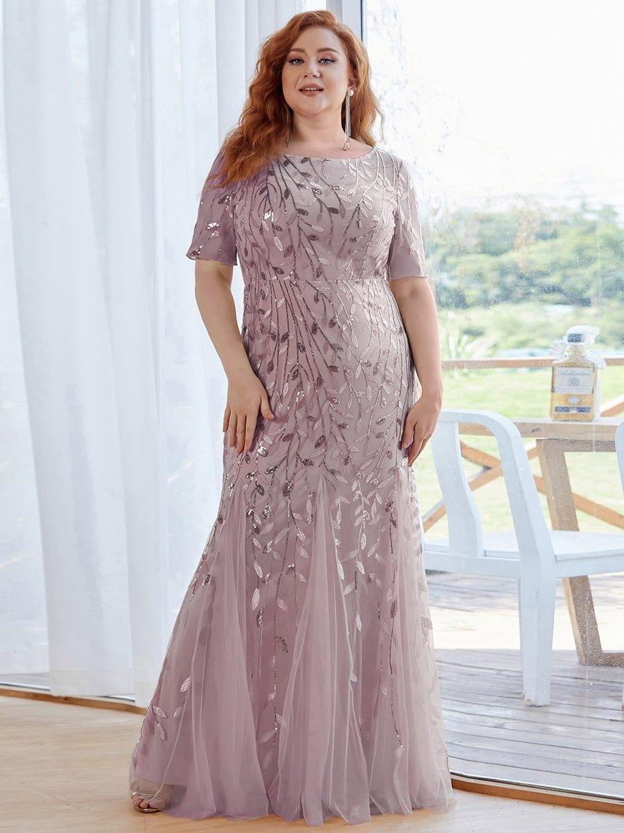 Sequin Leaf Maxi Long Fishtail Tulle Prom Dresses With Half Sleeve #color_Lilac