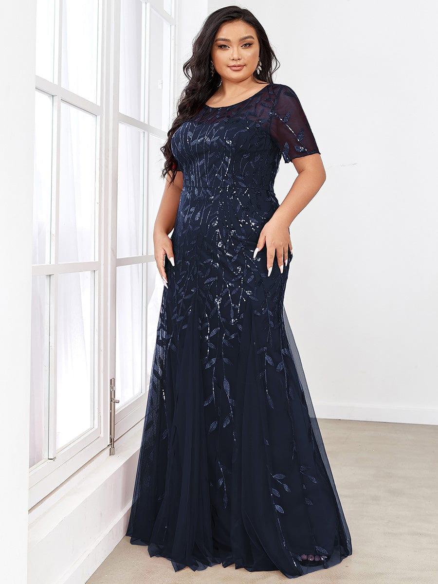 Sequin Leaf Maxi Long Fishtail Tulle Prom Dresses With Half Sleeves #color_Navy Blue
