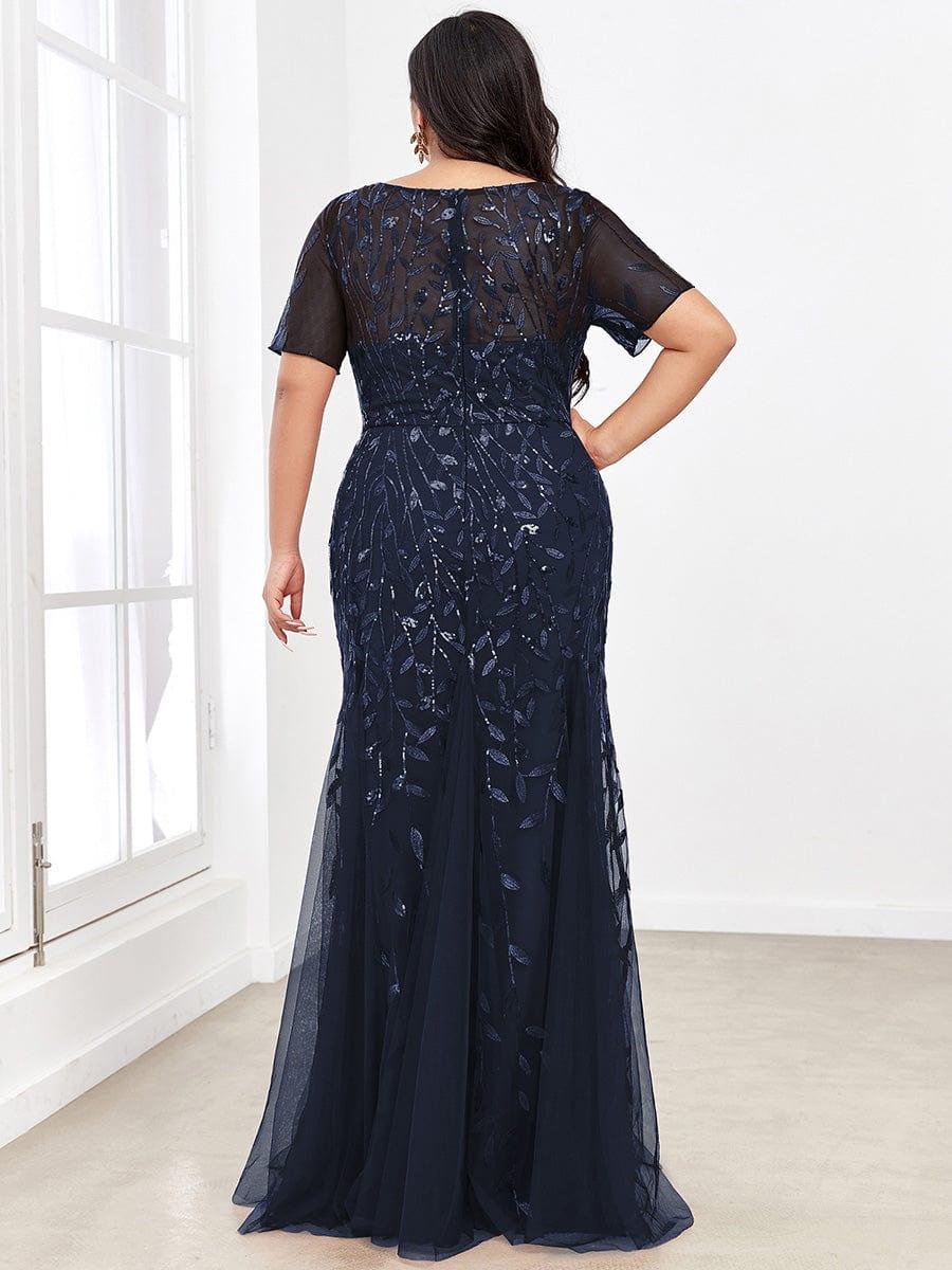 Sequin Leaf Maxi Long Fishtail Tulle Prom Dresses With Half Sleeves #color_Navy Blue