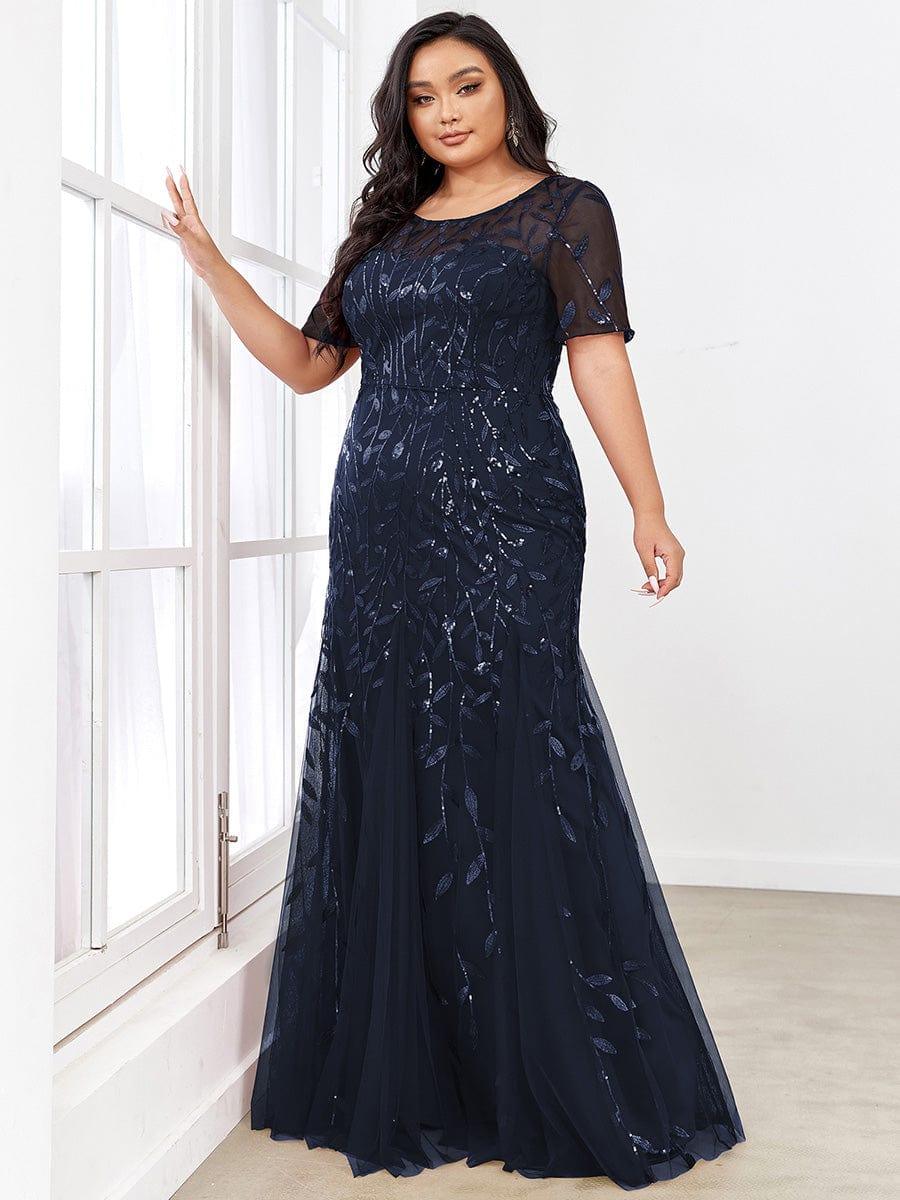 Sequin Leaf Maxi Long Fishtail Tulle Prom Dresses With Half Sleeves #color_Navy Blue