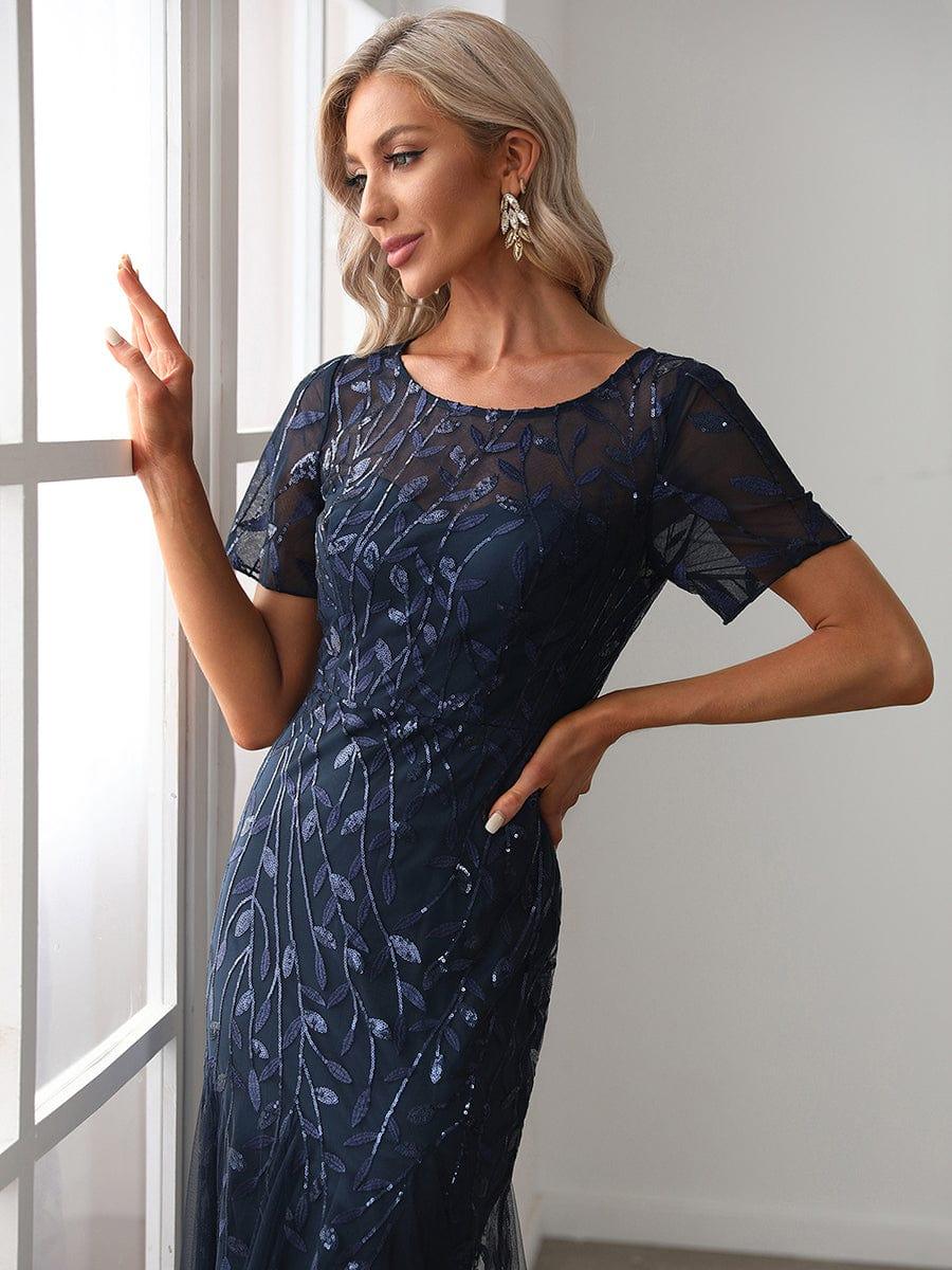 Sequin Leaf Maxi Long Fishtail Tulle Prom Dresses With Half Sleeves #color_Navy Blue