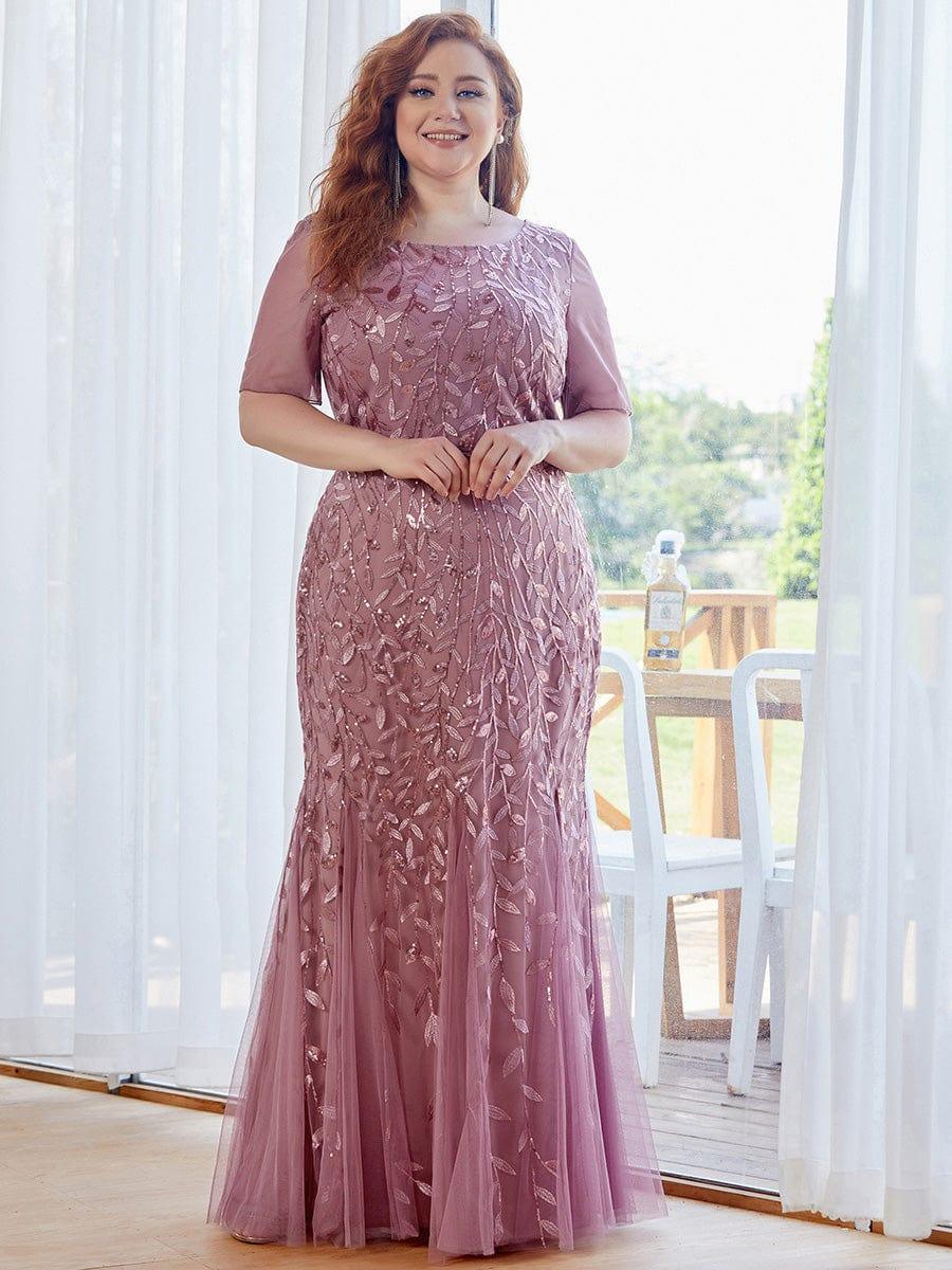 Sequin Leaf Maxi Long Fishtail Tulle Prom Dresses With Half Sleeve #color_Purple Orchid