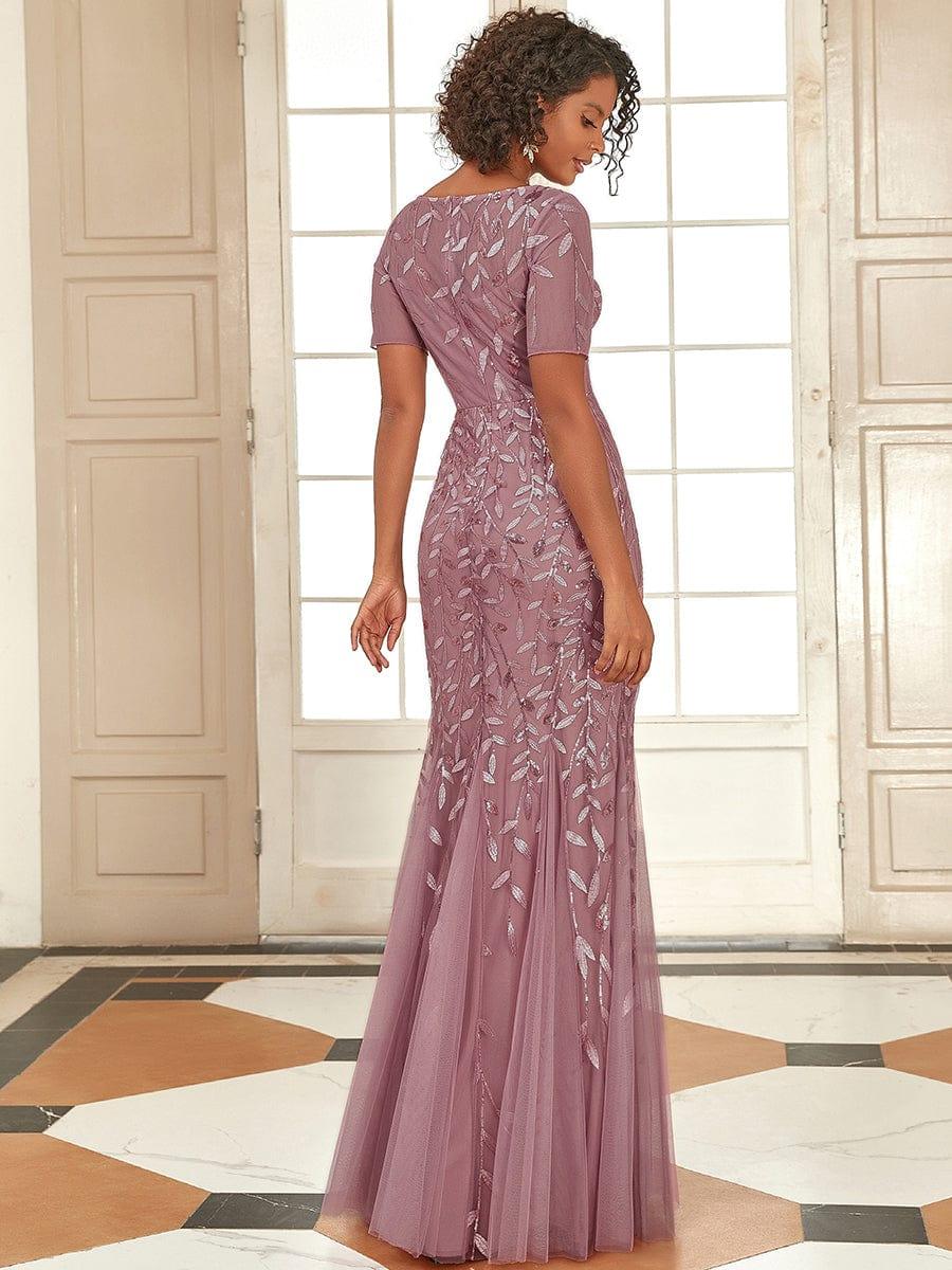 Sequin Leaf Maxi Long Fishtail Tulle Prom Dresses With Half Sleeve #color_Purple Orchid